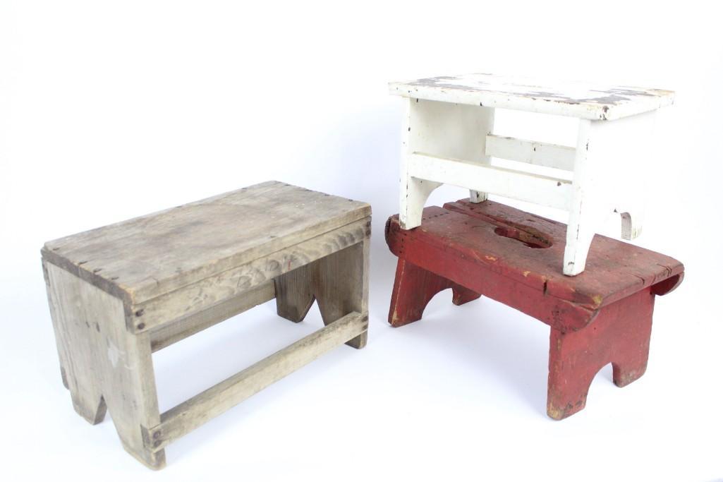 Lot of 3 Primitive Wooden Stools in Red & White Paint (1 of 10)
