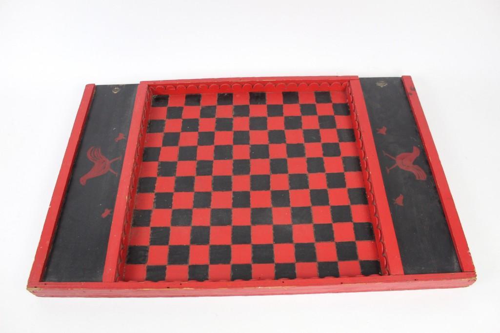 Antique Checker Board Gameboard with Folk Art Chickens (1 of 8)
