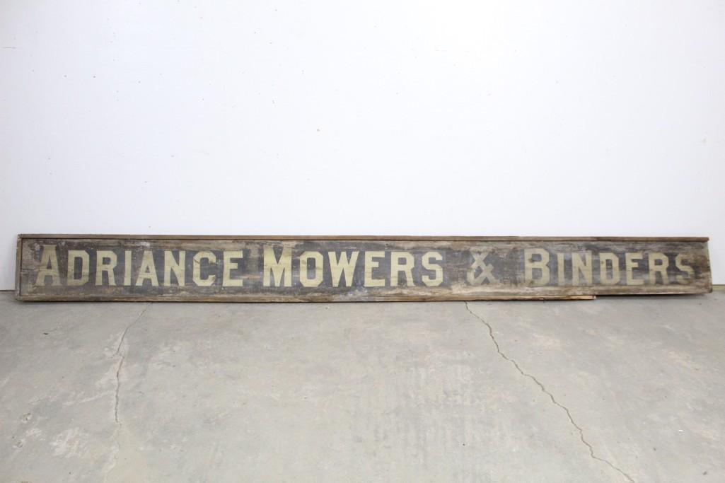 Antique Wood Adriance Mowers Farm Sign,Poughkeepsie,NY: Black and gold painted "Adriance Mowers & Binders" Sign. This large sign has a stamp on the back indicating that it was made in Poughkeepsie, NY. The lettering along with the black and gold color sche