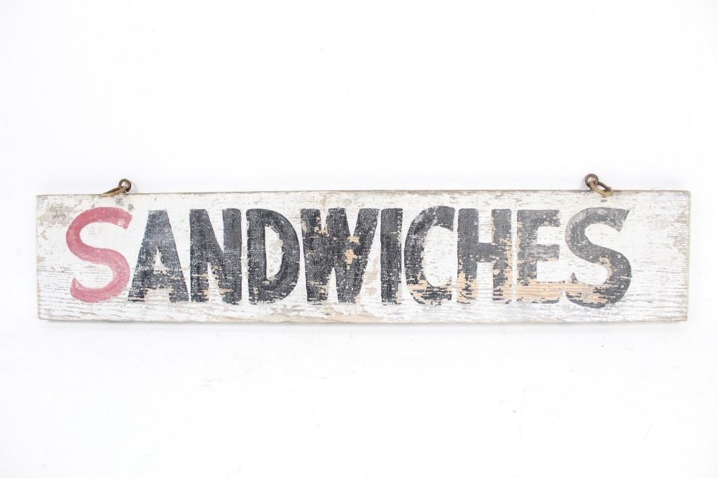 Antique Painted Wood "Sandwiches" Restaurant Cafe Sign (1 of 8)