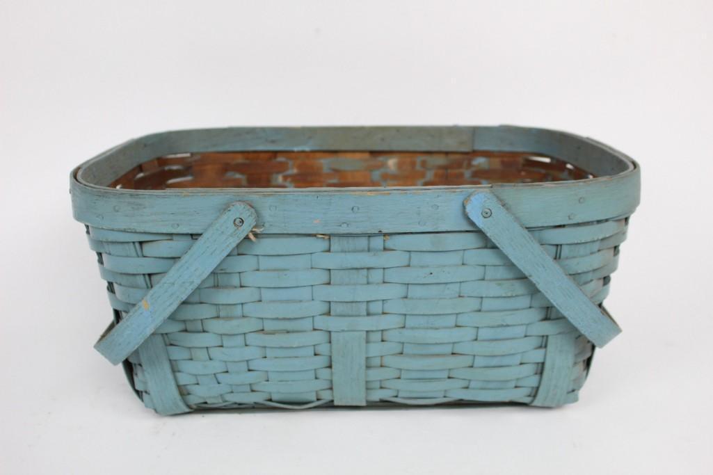 Antique Blue Painted Wooden Splint Basket with Handles (1 of 8)