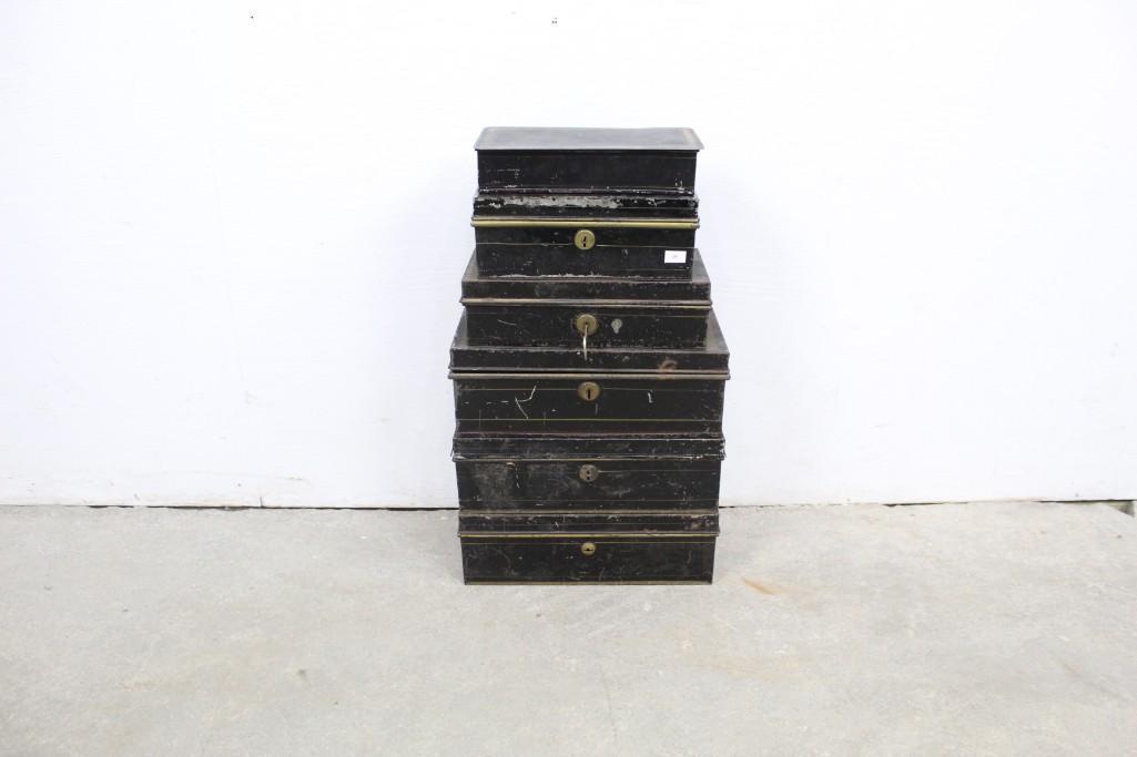 Lot of 6 Antique Tin Tole Document Boxes, Black Metal (1 of 6)