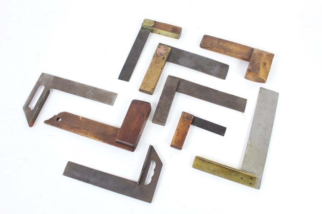 Lot of 9 Folk Art Antique Homemade Carpenters Squares: Lot of 9 folk art antique homemade carpenters squares. These carpenters squares have interesting little details like a heart inlaid on one and a little rounded cut out on another. The dimensions range
