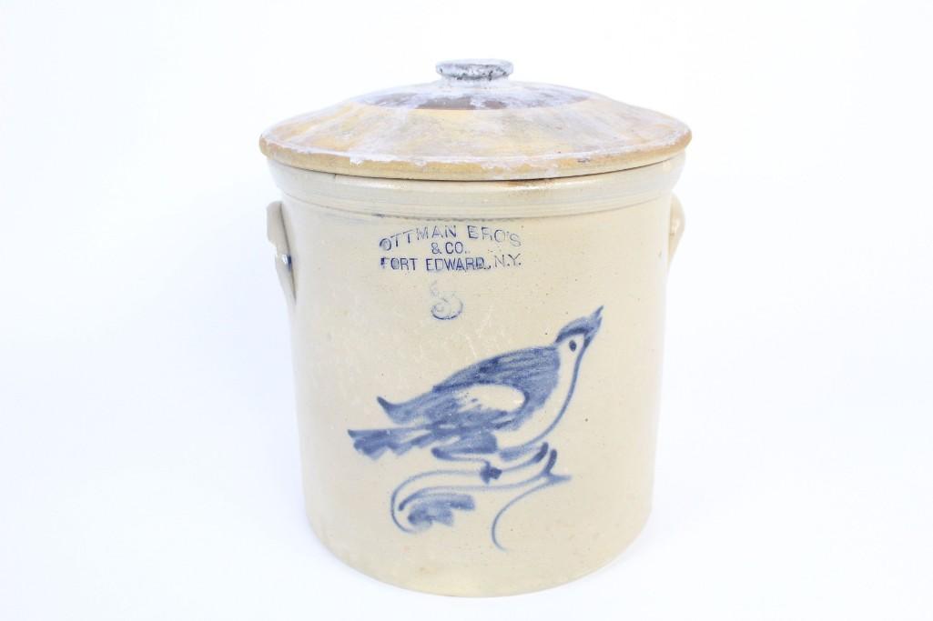 Antique Stoneware Ottman Bros Bird Crock,Fort Edward,NY (1 of 9)