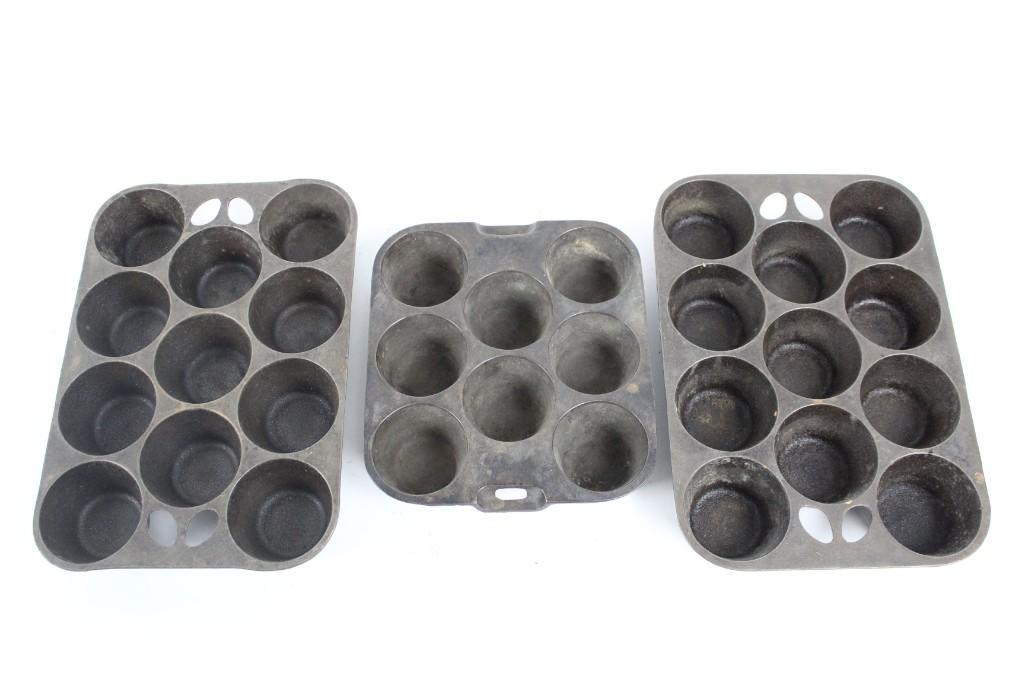 Lot of 3 Antique Wagner Ware Cast Iron Muffin Tins,1336 (1 of 8)