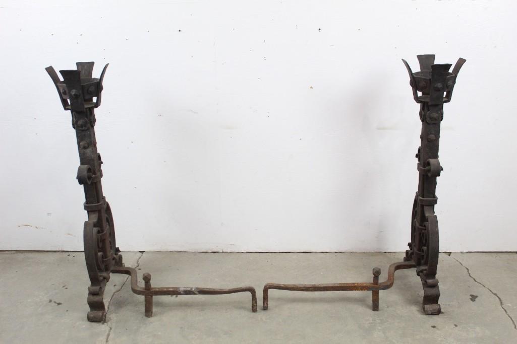 Pair Antique Heavy Wrought Iron Andirons,Candle Holders (1 of 7)