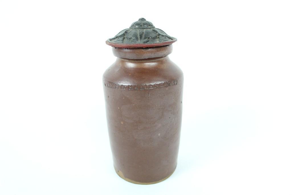 Antique 19thC. Stoneware Wells & Hallenbeck Jar & Lid (1 of 7)