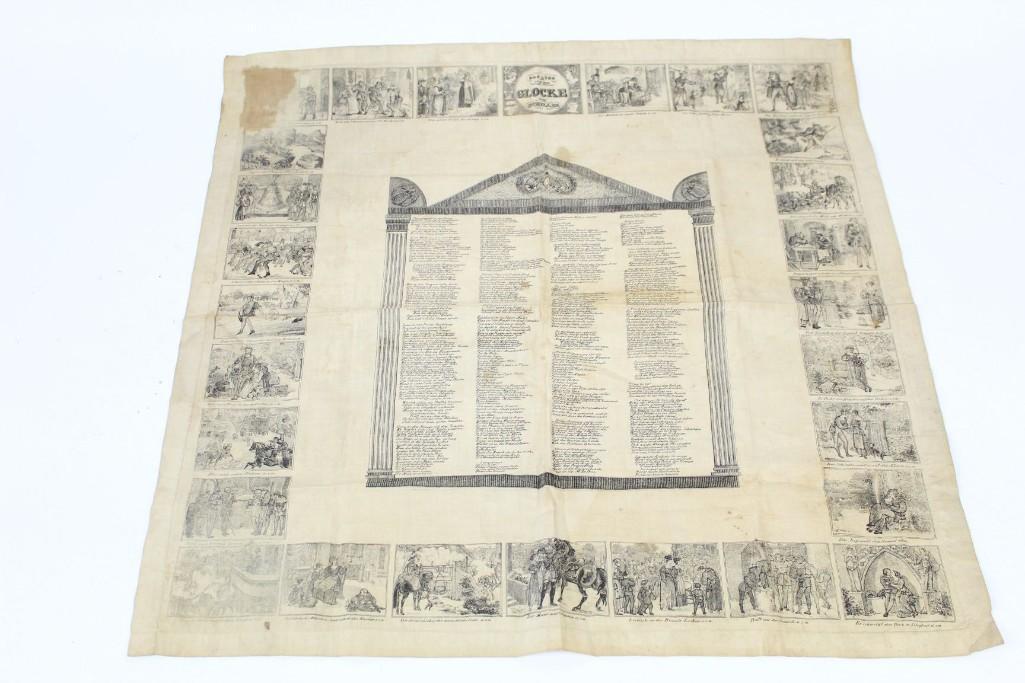 Antique 19th Century Glocke Von Schiller Textile Print: Antique 19th Century Glocke Von Schiller Textile Print. Antique textile print of German poet Friedrich Schiller's famous poem "Song of the Bell" (German: "Das Lied von der Glocke") bordered by ch