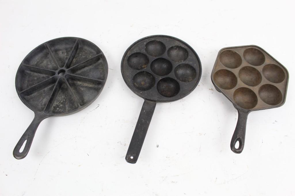 Lot of 3 Antique Cast Iron Aebleskiver & Wedge Pans (1 of 7)