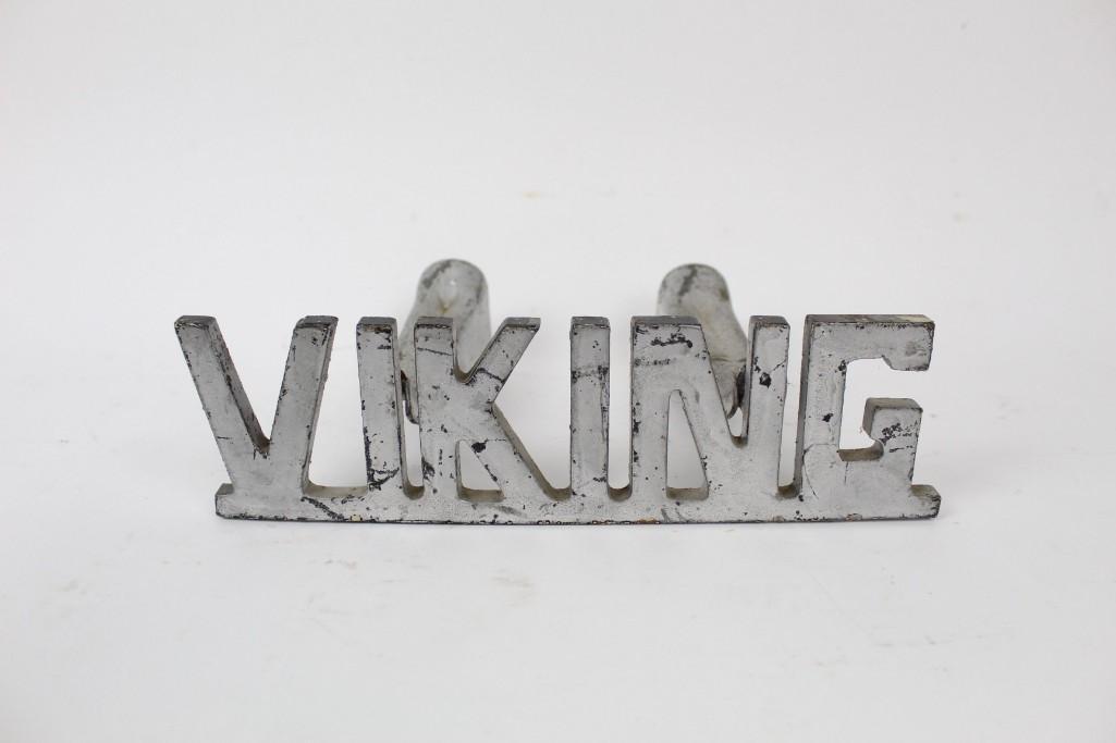 Unusual Welded Piece of Folk Art Metal "Viking" Sign: Unusual Welded Piece of Folk Art Metal "Viking" Sign. This cool metal sign is perfect for anyone with any interest in vikings. The dimensions are 3in x 10.75in x 6in. It is in good condition with some