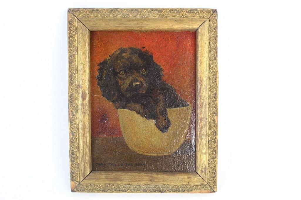Gilt Framed Small Painting of Black Spaniel Dog in Cup (1 of 7)