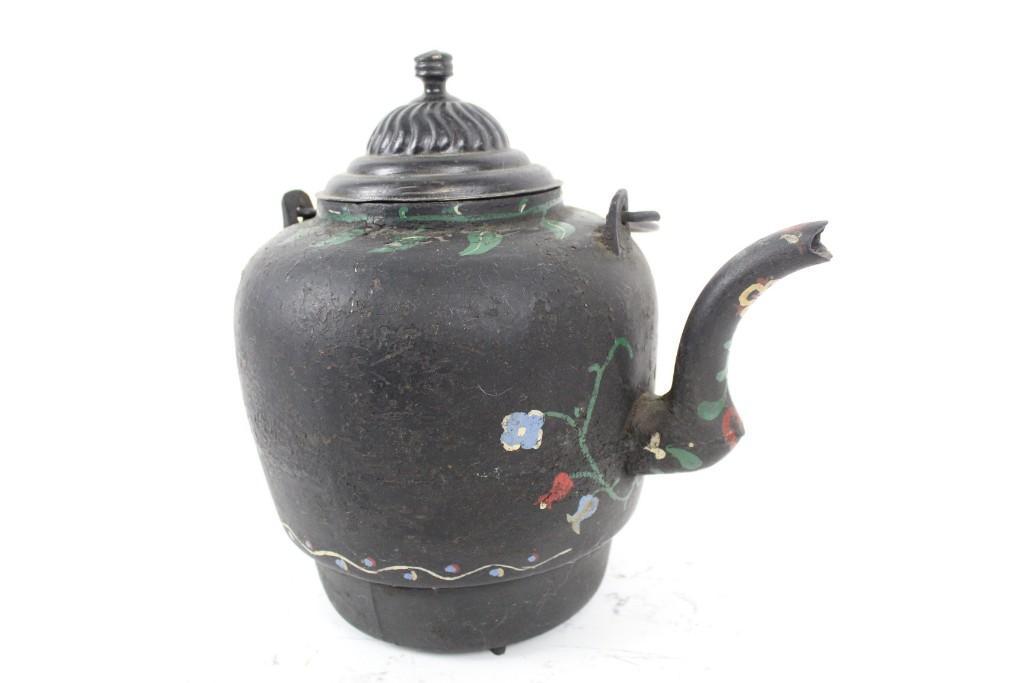 Cast Iron Tea Kettle with Folk Art Painting,Gate Mark: Tall cast iron tea kettle with flowers and hearts painted. This charming tea kettle has sweet paintings of flowers, foliage, and hearts on it. It has a fully removable lid. It has a "7" on the bottom.