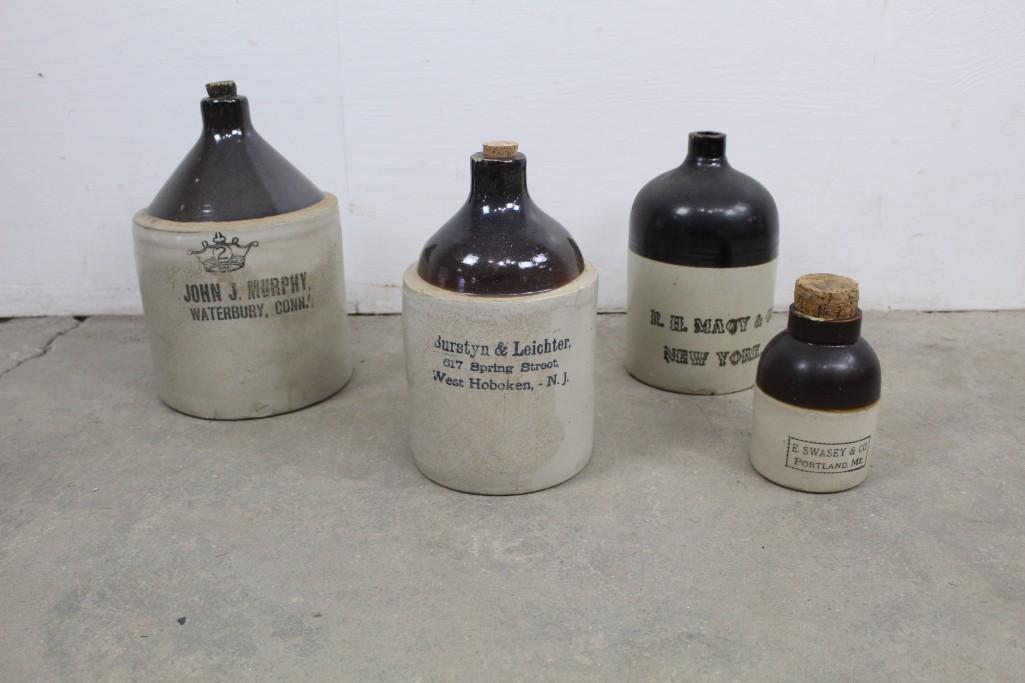 Lot of 4 Stoneware Advertising Jugs,Macy,Portland,ME (1 of 6)