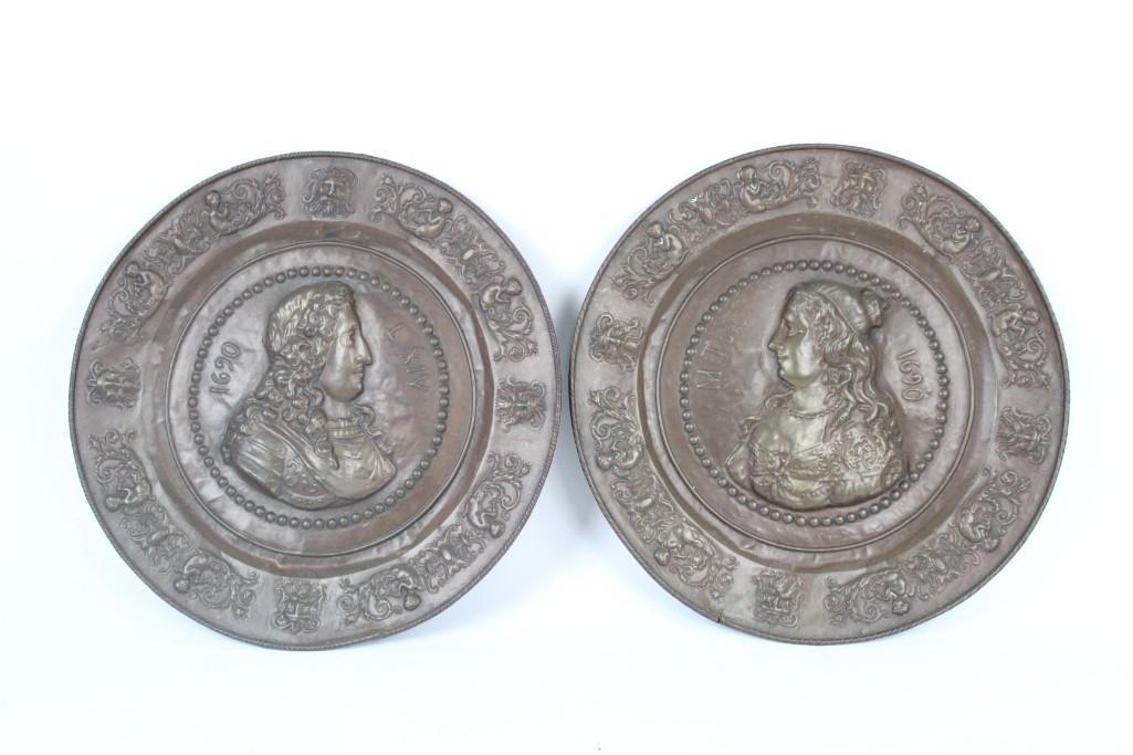 Pair Large Copper Relief Wall Plaques,Louis XIV & Wife (1 of 7)