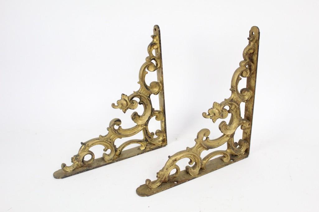 Pair Huge 19thC Gold Painted Cast Iron Shelf Brackets (1 of 9)