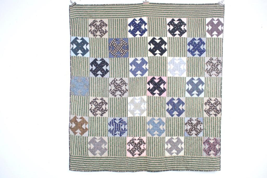 Antique handmade X-Pattern Indigo Calico Quilt,Folk Art (1 of 9)