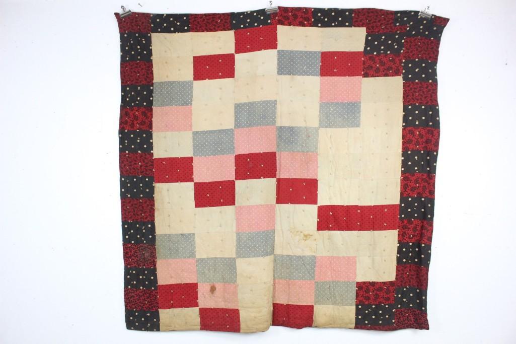 Antique Naively Made Block Pattern Quilt,Red,Black,Stri (1 of 10)