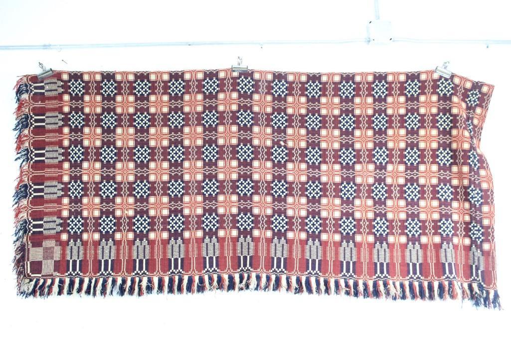 Antique 19thC Red,White & Blue Patterned Coverlet Piece (1 of 8)