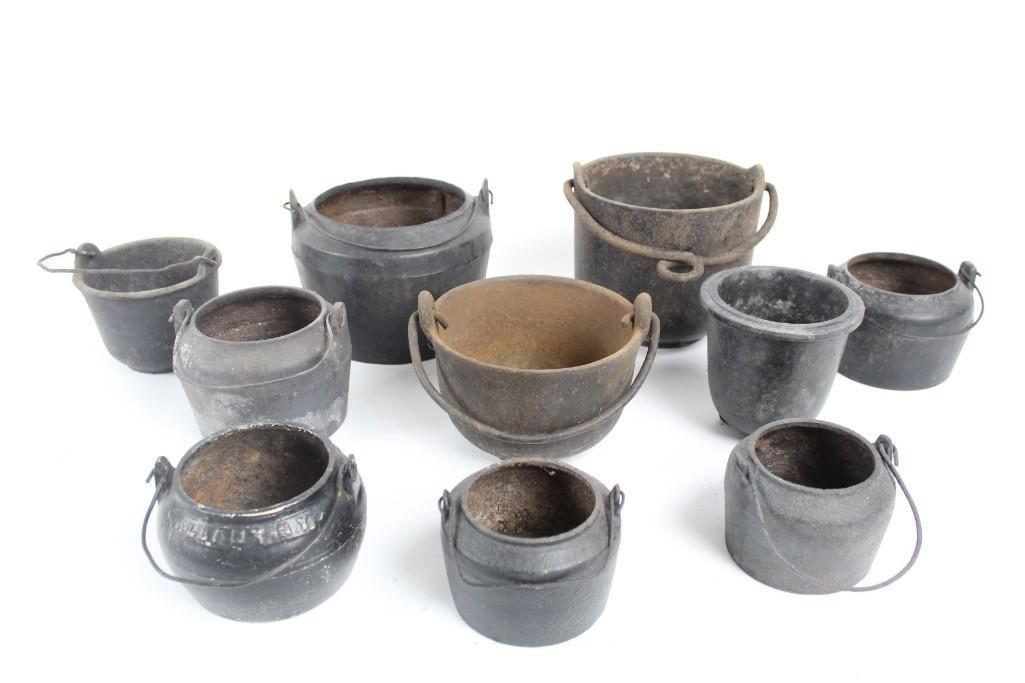 Lot 19thC Cast Iron Double Boiler Glue Pots, Gate Mark (1 of 10)