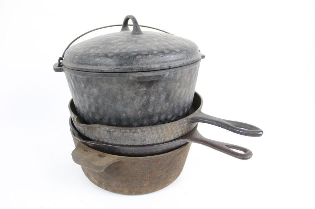 Lot of Antique Hammered Cast Iron Pots, Pans, & Lids (1 of 10)