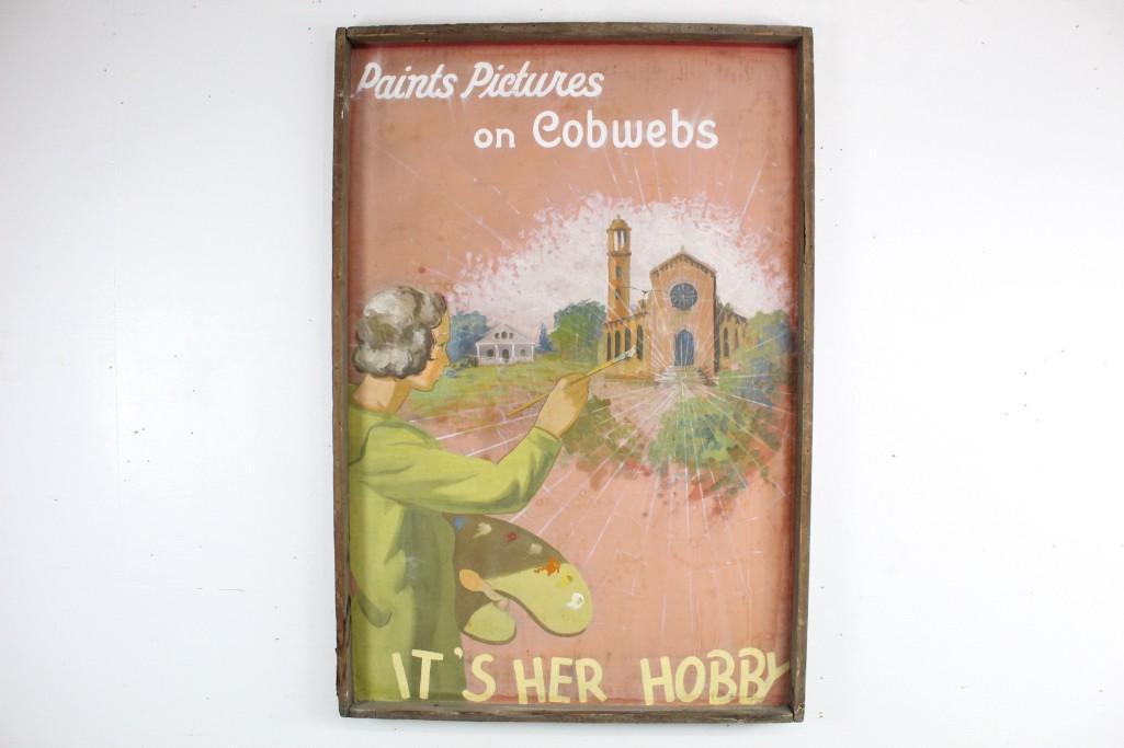 Mid-Century Modern Folk Art Sign,Woman Paints on Cobweb (1 of 10)