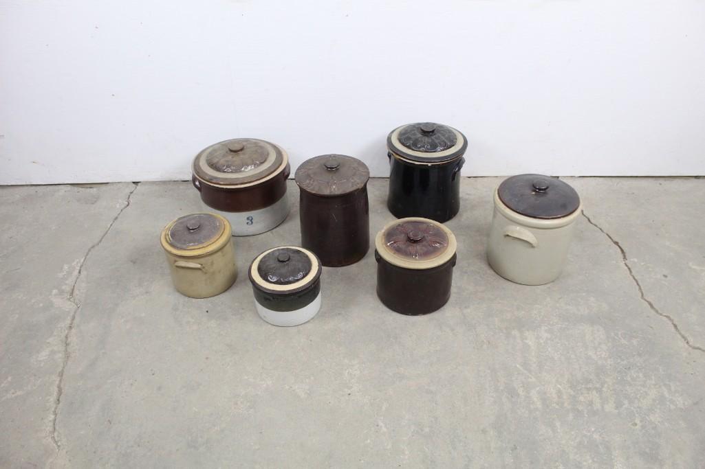 Antique Stoneware Pots with Decorative Lids, Lot 7 (1 of 5)