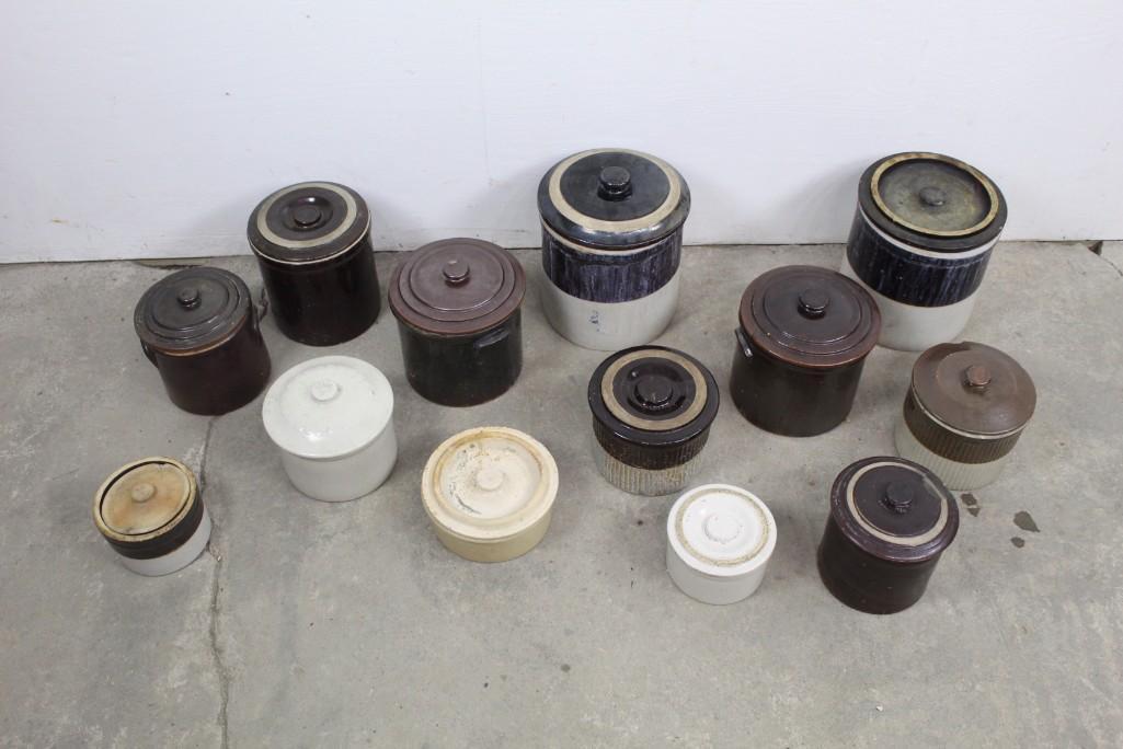 Lot of 13 Mixed Antique Stoneware Jars with Lids (1 of 4)