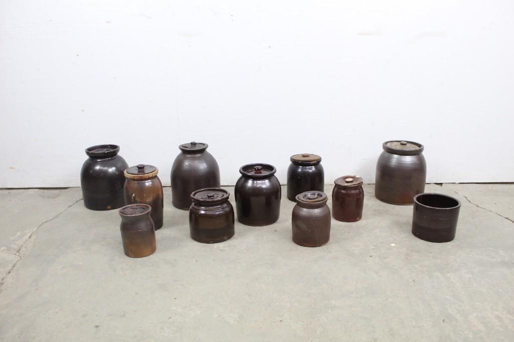 Lot of 11 Antique Brown Stoneware Pots with Lids (1 of 5)