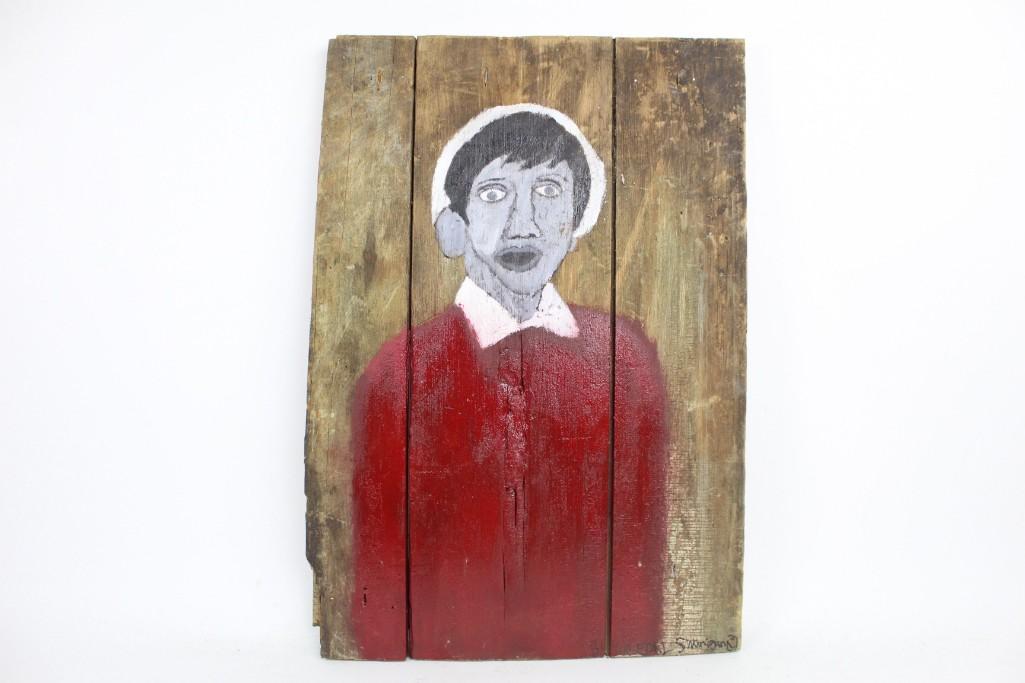 Earl Swanigan Outsider Art Painting of Gilligan,Table: Earl Swanigan outsider art painting of Gilligan on a wooden table top painted in 2010. Earl Swanigan, Hudson NY outsider artist, was well known for his evocative portraits of pop culture figures among
