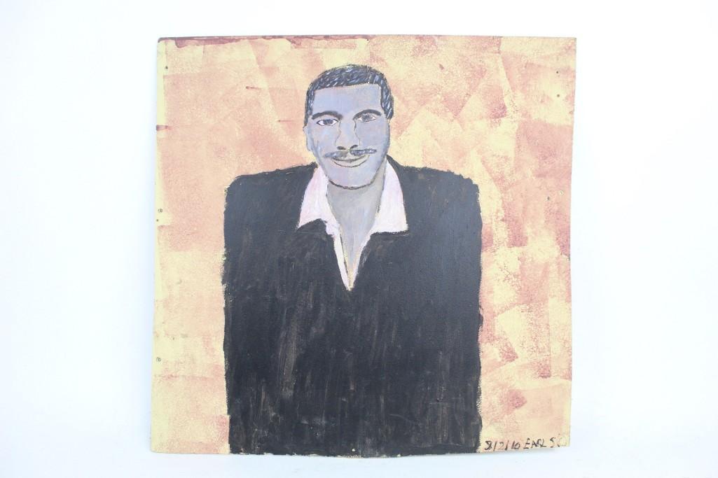 Earl Swanigan Outsider Art Painting of Man in Suit,Folk: Earl Swanigan Outsider Art painting of man in suit on pink background painted in 2010. Earl Swanigan was a prominent outsider artist who worked notably in Hudson, NY. This painting has a warm vibe. It