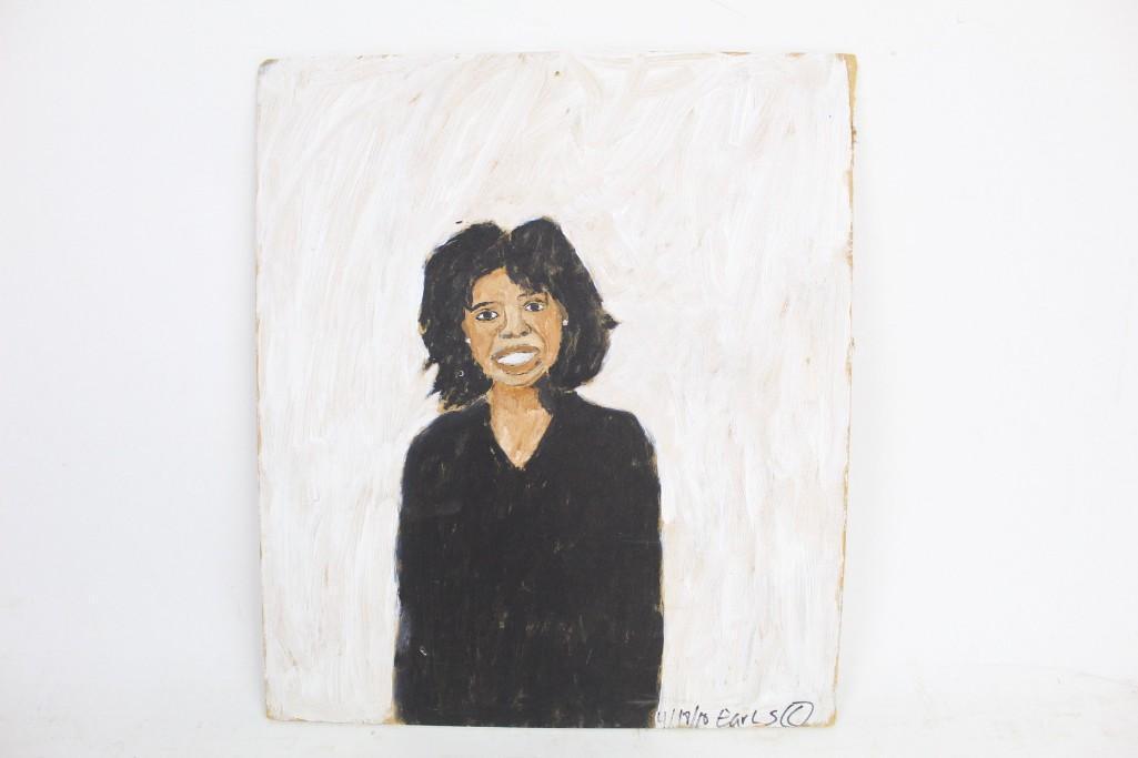 Earl Swanigan Outsider Art Painting of Smiling Woman: Earl Swanigan outsider art painting of smiling woman on a white background. Earl Swanigan was a notable outsider artist who worked in Hudson, NY. This picture has a warm and friendly feelin