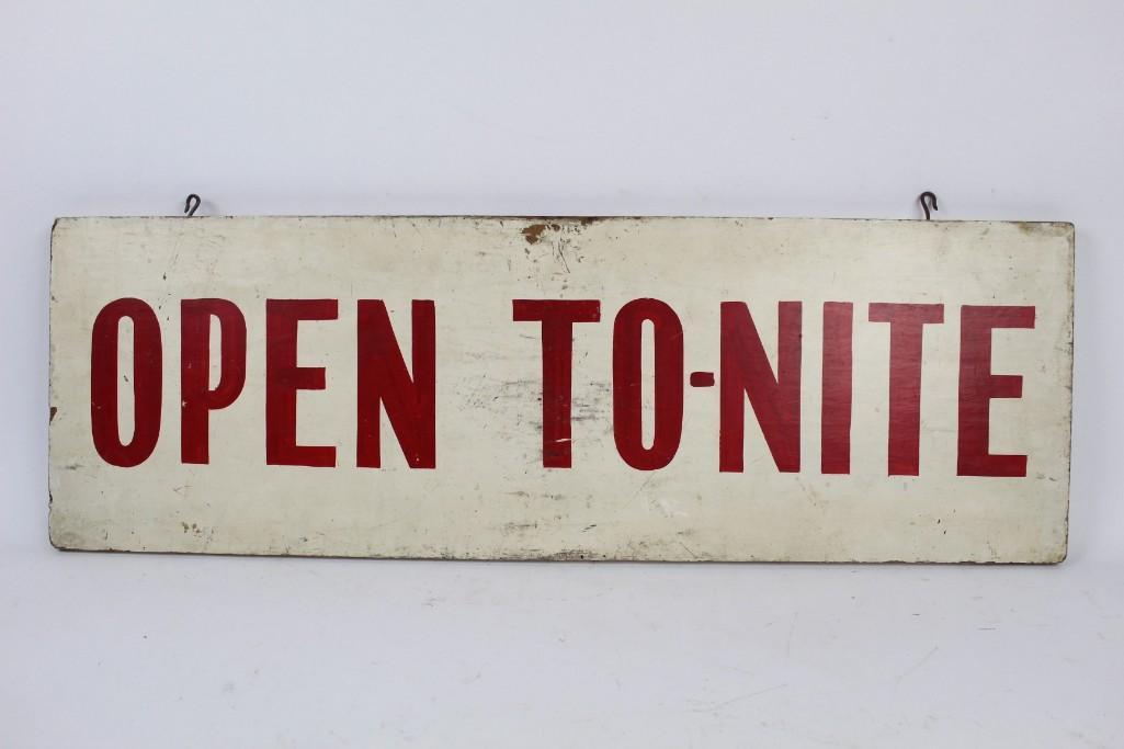 Antique Red & White Painted Wooden "Open To-nite" Sign (1 of 9)