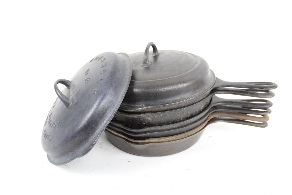 Lot of 6 1920s Griswold Cast Iron Self Basting Skillets (1 of 10)