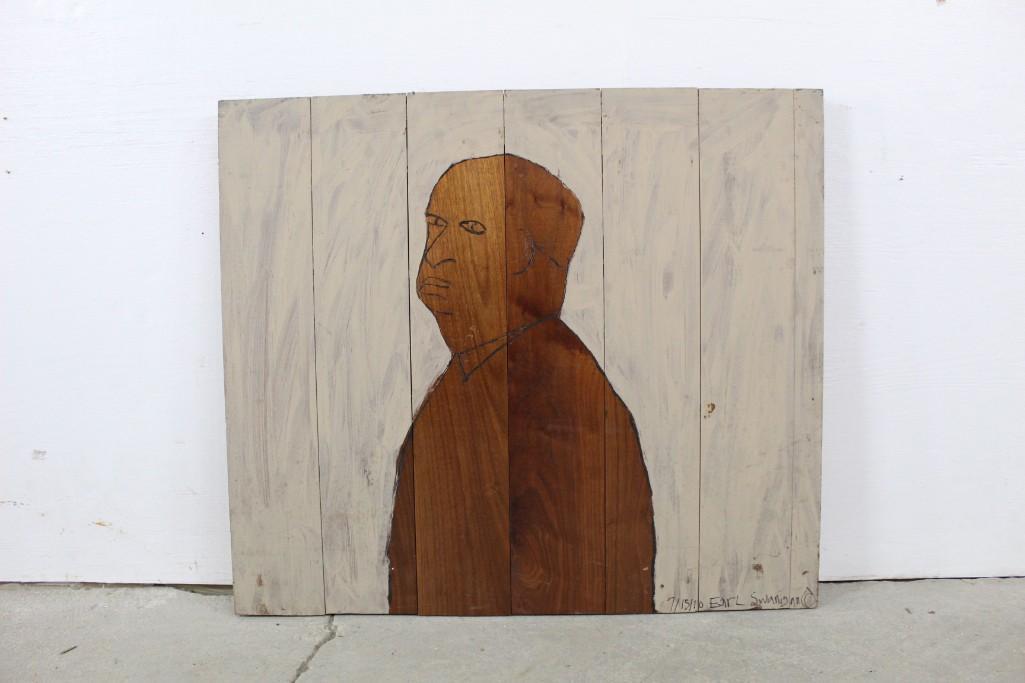 Earl Swanigan Outsider Art Painting of Alfred Hitchcock: Earl Swanigan Outsider Art Painting of Alfred Hitchcock. Earl Swanigan was a prominent outsider artist in Hudson, NY. He was well known for his portrayals of celebrities and cultural icons. This 
