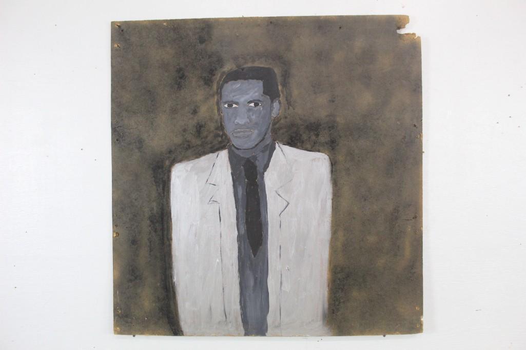 Earl Swanigan Outsider Art Painting of a Serious Man: Earl Swanigan outsider art painting of a serious man in a suit. Earl Swanigan was a prominent outsider artist in Hudson, NY. This gray scale painting of a young man was painted on a board. The d