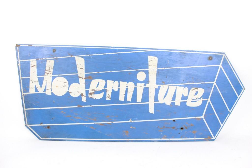 Painted Wood "Moderniture" Sign,Mid-Century Modern: Painted wood "Moderniture" Sign in blue and white. This cool mod sign has a geometric vibe. It is too bad that the word "moderniture" never caught on, but it only makes this sign more interesting. The