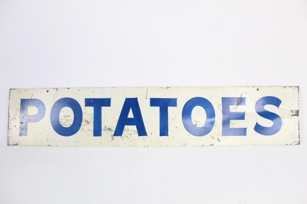 Antique Metal "Potatoes" Sign,Farm Stand,Blue & White: Blue and white antique metal "Potatoes" sign. This simple blue and white signs would look great in a kitchen or in a cafe. Perfect for anyone who loves fresh produce. The dimensions are 7in x 35in x .