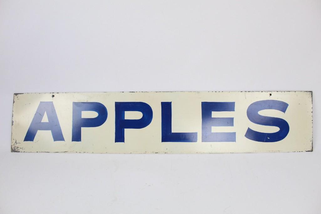 Antique Metal "Apples" Sign,Farm Stand,Orchard: Blue and white antique metal "Apples" sign. This simple blue and white signs would look great in a kitchen or in a cafe. Perfect for anyone who loves fresh produce. The dimensions are 7in x 35in x .25