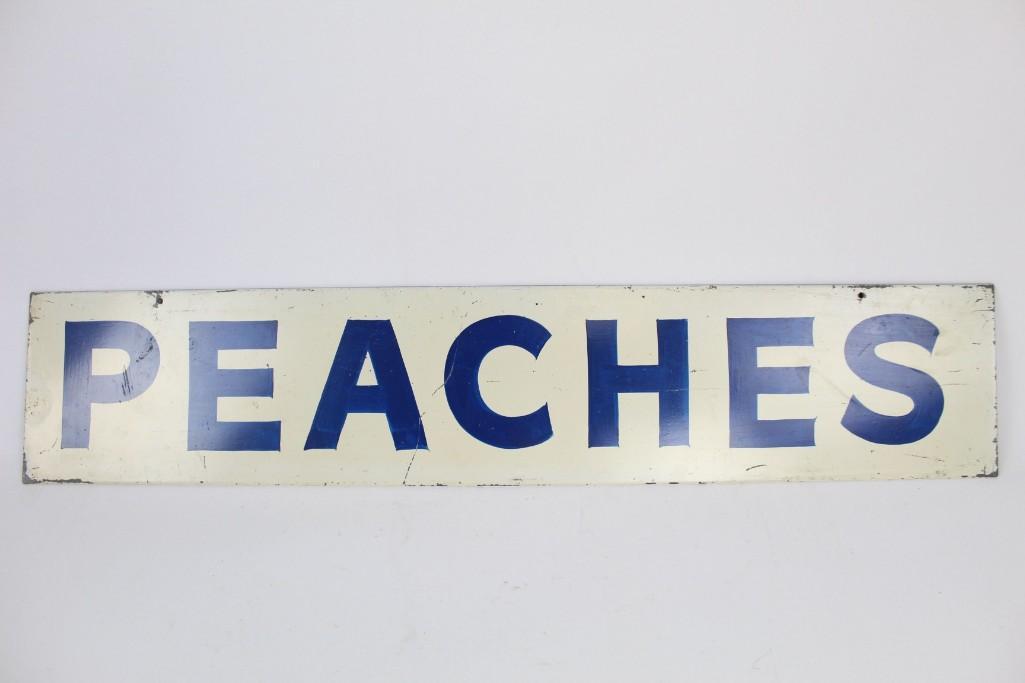 Antique Metal "Peach" Sign,Farm Stand,Orchard Fruit: Blue and white antique metal "Peaches" sign. This simple blue and white signs would look great in a kitchen or in a cafe. Perfect for anyone who loves fresh produce. The dimensions are 7in x 35in x .2