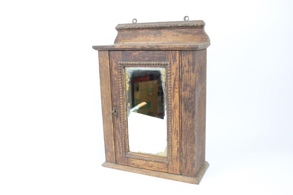 Antique Carved Wood Medicine Cabinet with Mirror & Key (1 of 8)