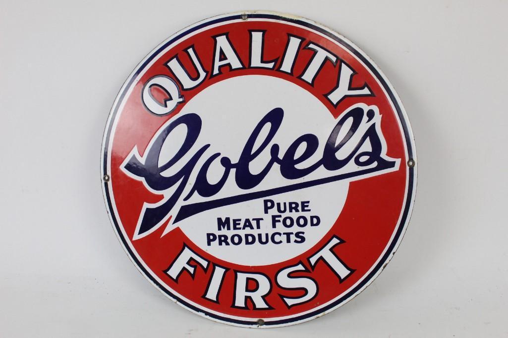 Gobel's Meat Porcelain Advertising Sign,Butcher Shop: Antique enamel "Gobel's Meat" round advertising sign. This sharp red, white, and blue sign is perfect for the carnivore in your life. The dimensions are 19in round. It is in fair condition with some w
