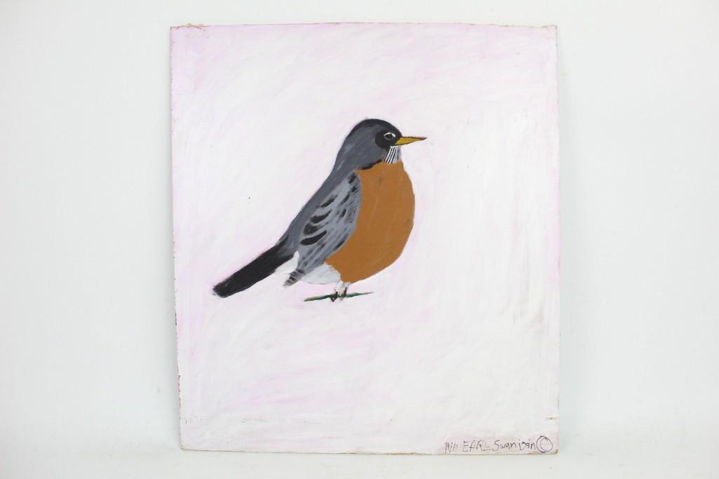 Earl Swanigan Outsider Art Painting of Robin,Hudson,NY: Earl Swanigan outsider art painting of a robin on a lavender background painted in 2011. Earl Swanigan was an outsider artist who became a fixture of Hudson, NY's Warren Street. The dimensions a