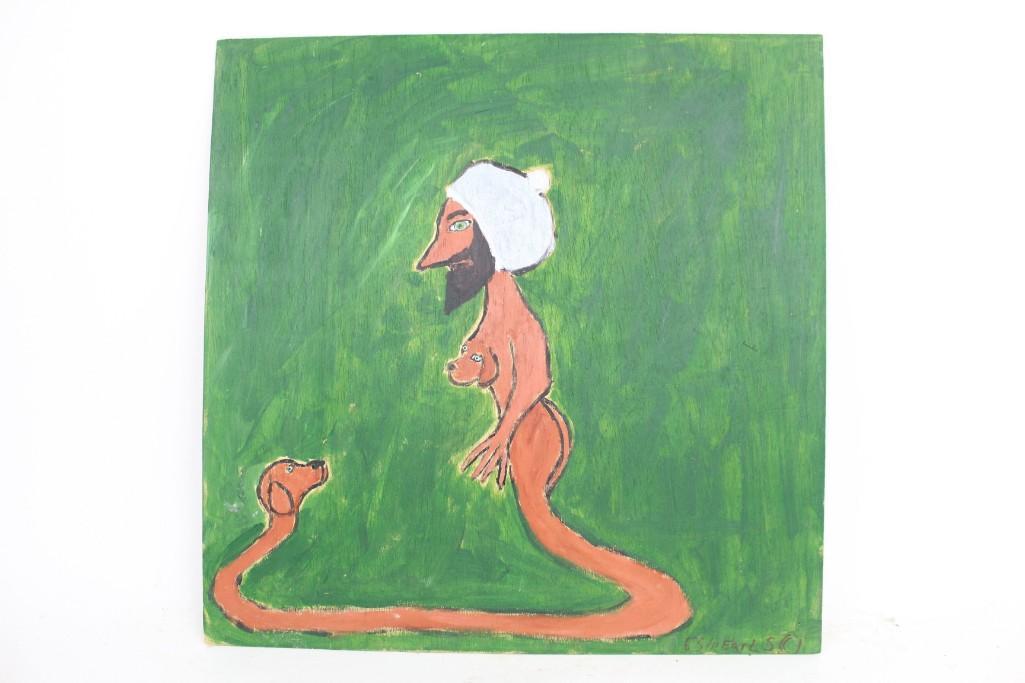 Earl Swanigan Outsider Art Painting of Man Snake Dog: Earl Swinigan outsider art painting of a man snake dog hybrid was painted in 2010. This painting shows Hudson NY local outsider artist Earl Swanigan's sense of humor and wild creativity. The dimension