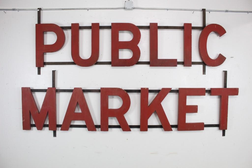 Huge Old Diecut Wood & Metal Letters PUBLIC MARKET Sign (1 of 2)