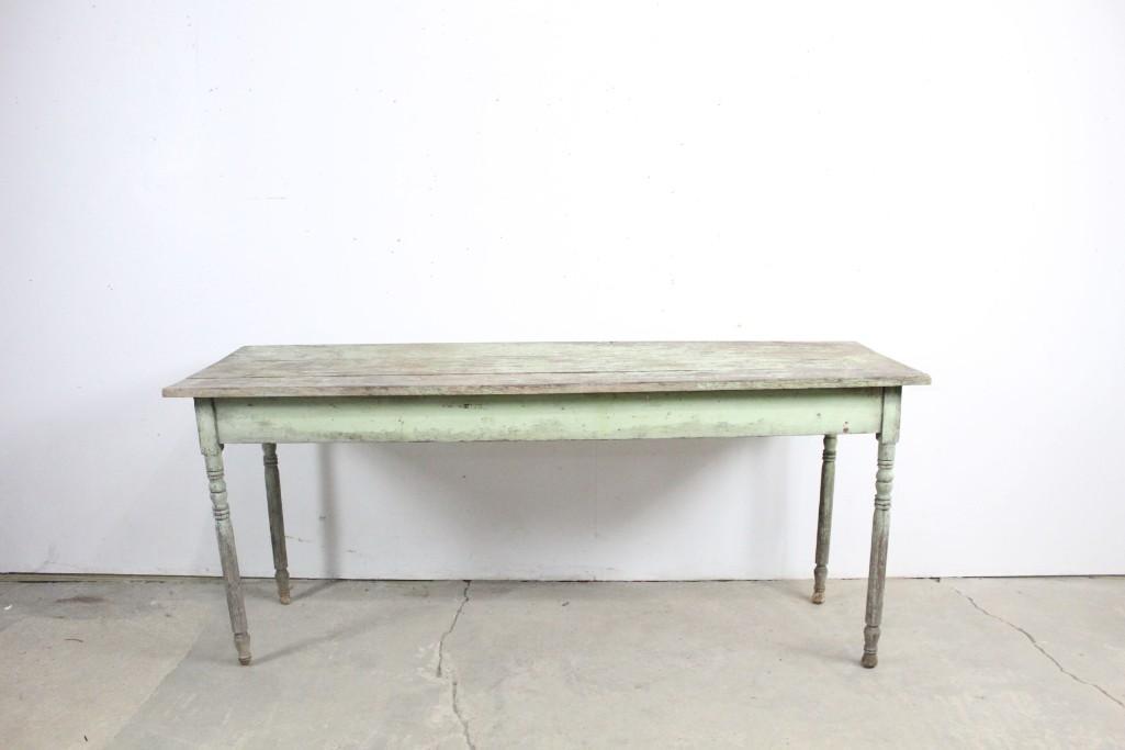 All Original Green Painted Antique Farm Table,Thin Legs (1 of 8)