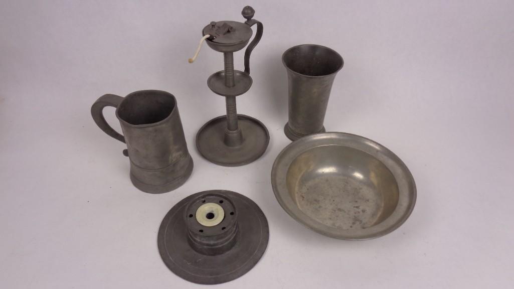 Lot of Antique 19th Cent. Pewter,Whale Oil Lamp,Mug,Cup: Lot of Antique 19th Cent. Pewter,Whale Oil Lamp,Mug,Cup. This interesting lot of pewter items includes a stein, a vase, an oil lamp, an inkwell and a bowl. The lamp like item has an engraving indicati