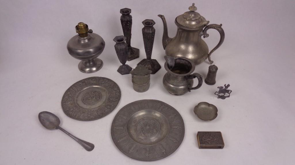Lot of Antique 19th Cent. Pewter,Tea Pot,CandleSticks (1 of 9)