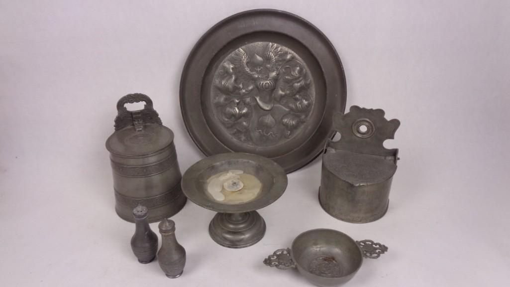 Lot of Antique 19th Cent. Pewter,Salt Box,Tray Platter (1 of 7)