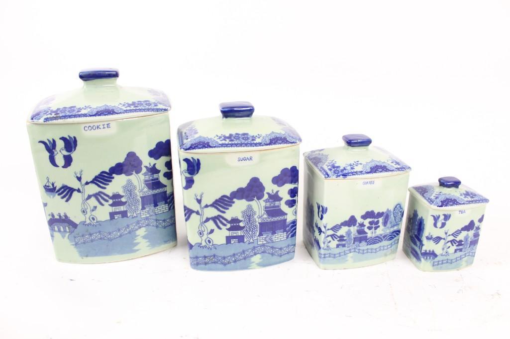 Set of 4 Willow Blue & White Ceramic Transferware Jars (1 of 8)
