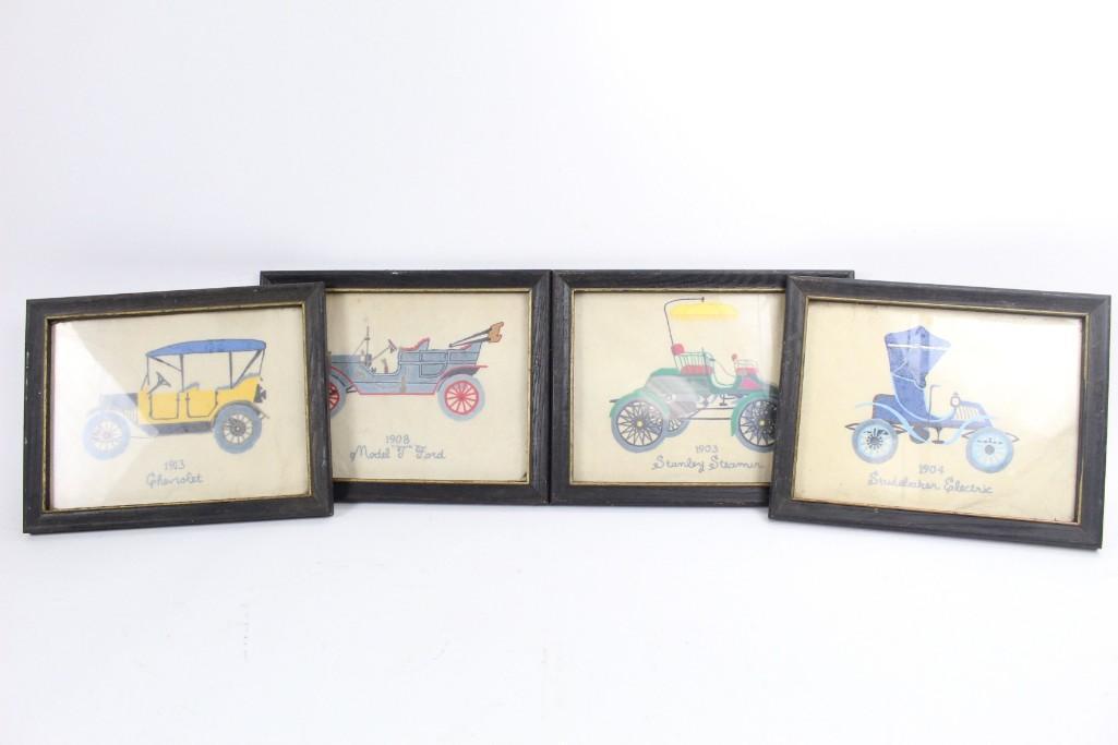 Set of 4 Framed Paintings of Antique Cars,Model T,Funky (1 of 9)